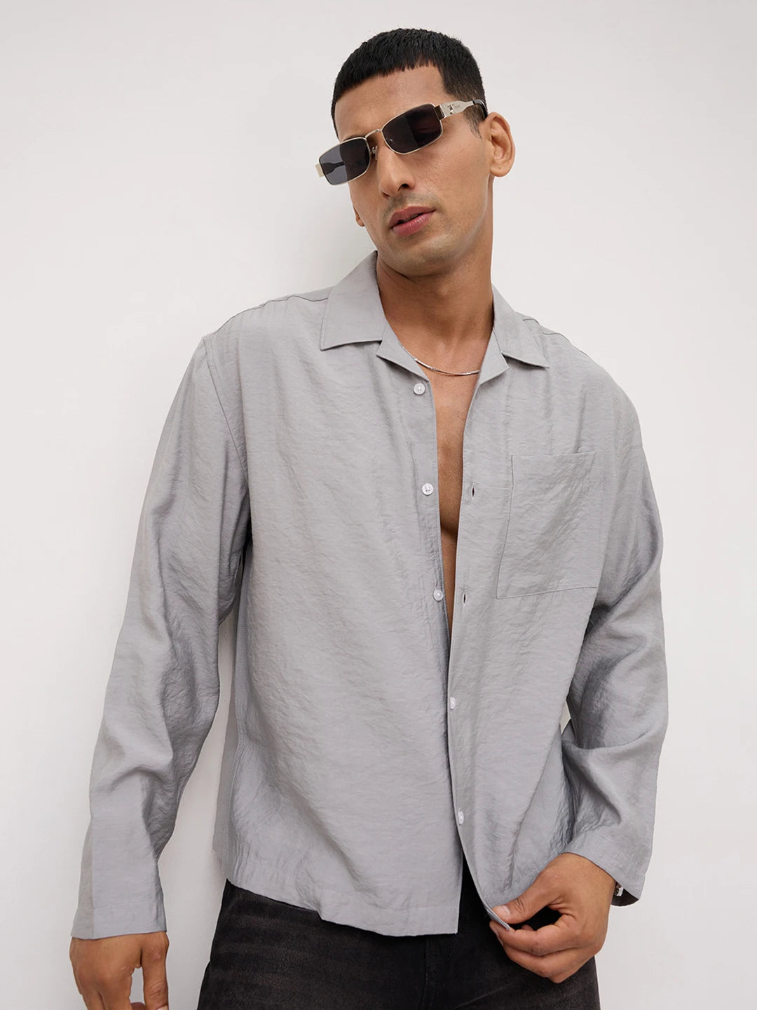 Refined Mist Grey Textured Oversized Notch Collar Shirt
