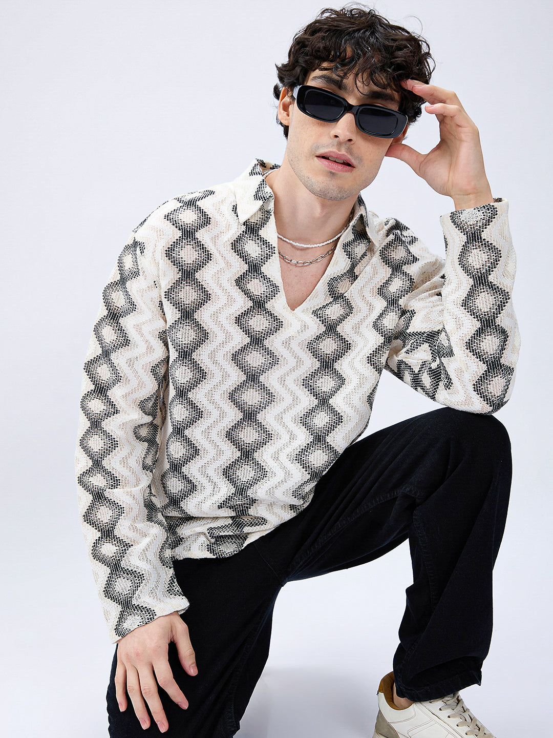 Diamond Wave Luxe Crochet Oversized Polo Shirt