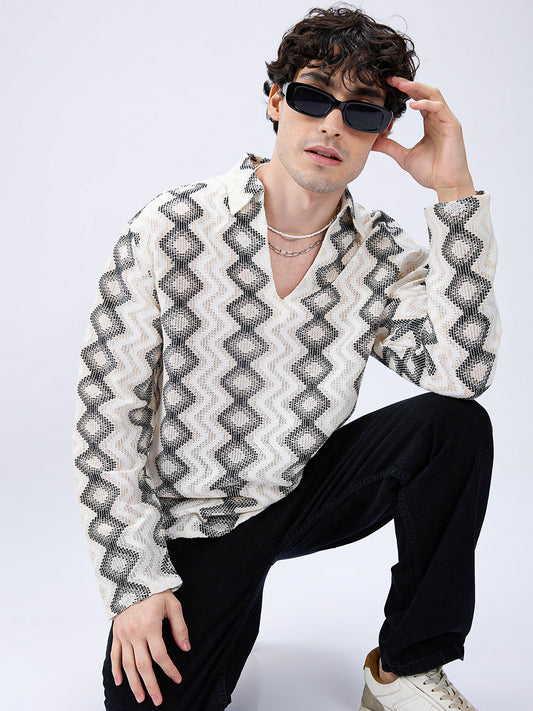 Diamond Wave Luxe Crochet Oversized Polo Shirt