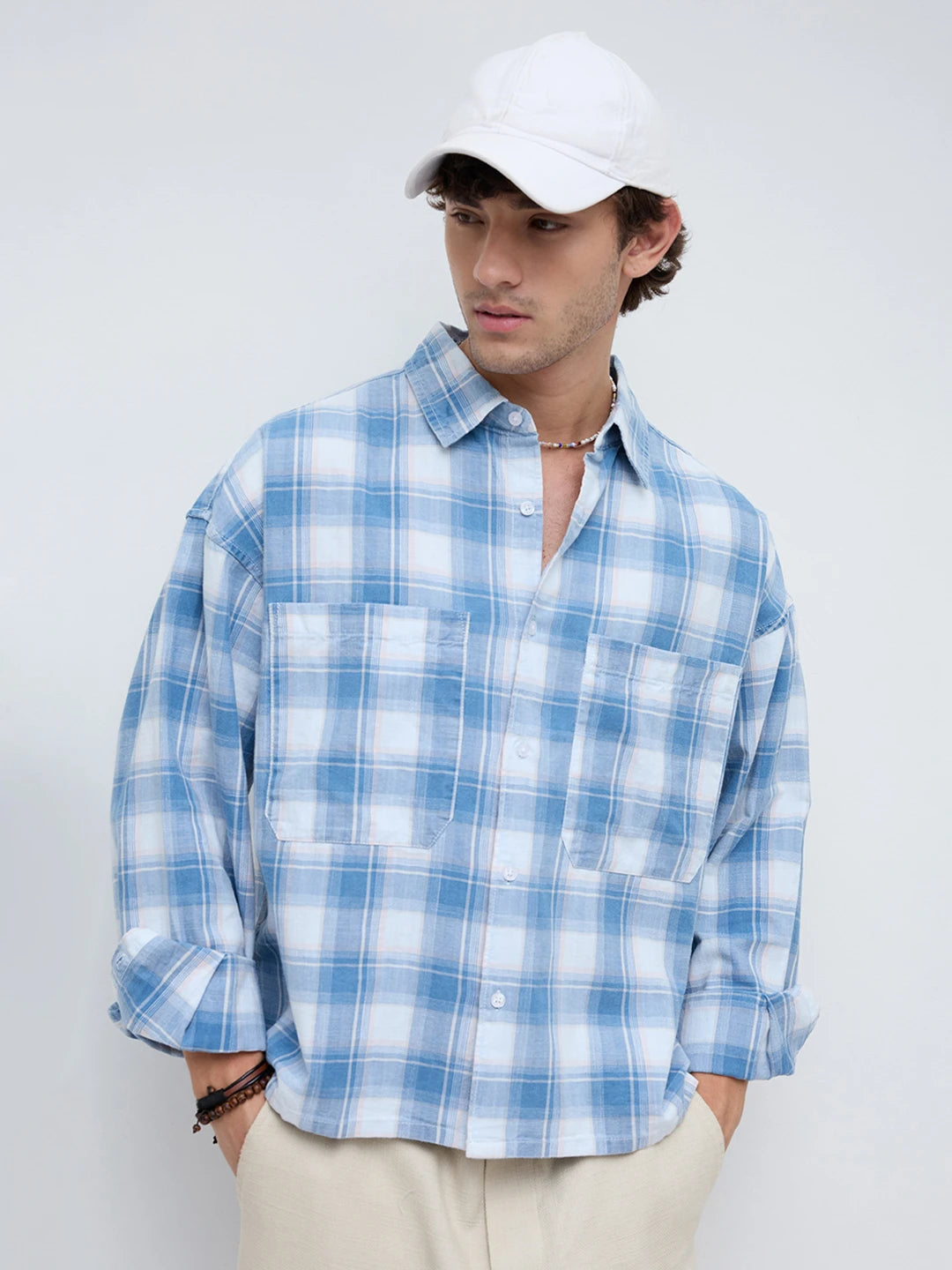 Denim Blue & White Plaid Twin Pocket Oversized Crop Shirt