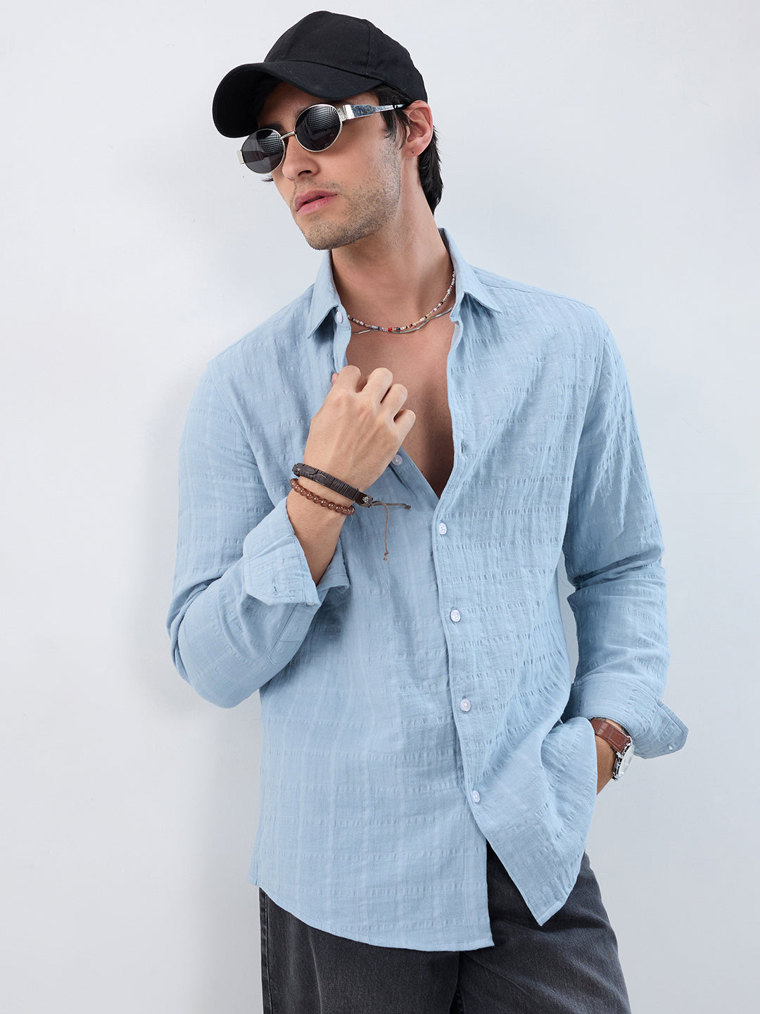 Premium Ice Mist Grid Emboss Double Cloth Shirt