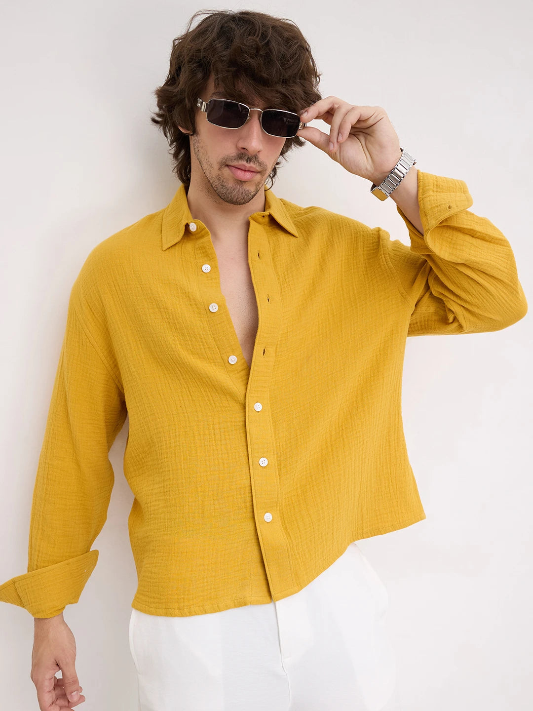 Radiant Gold Double Cloth Boxy Fit Crop Shirt