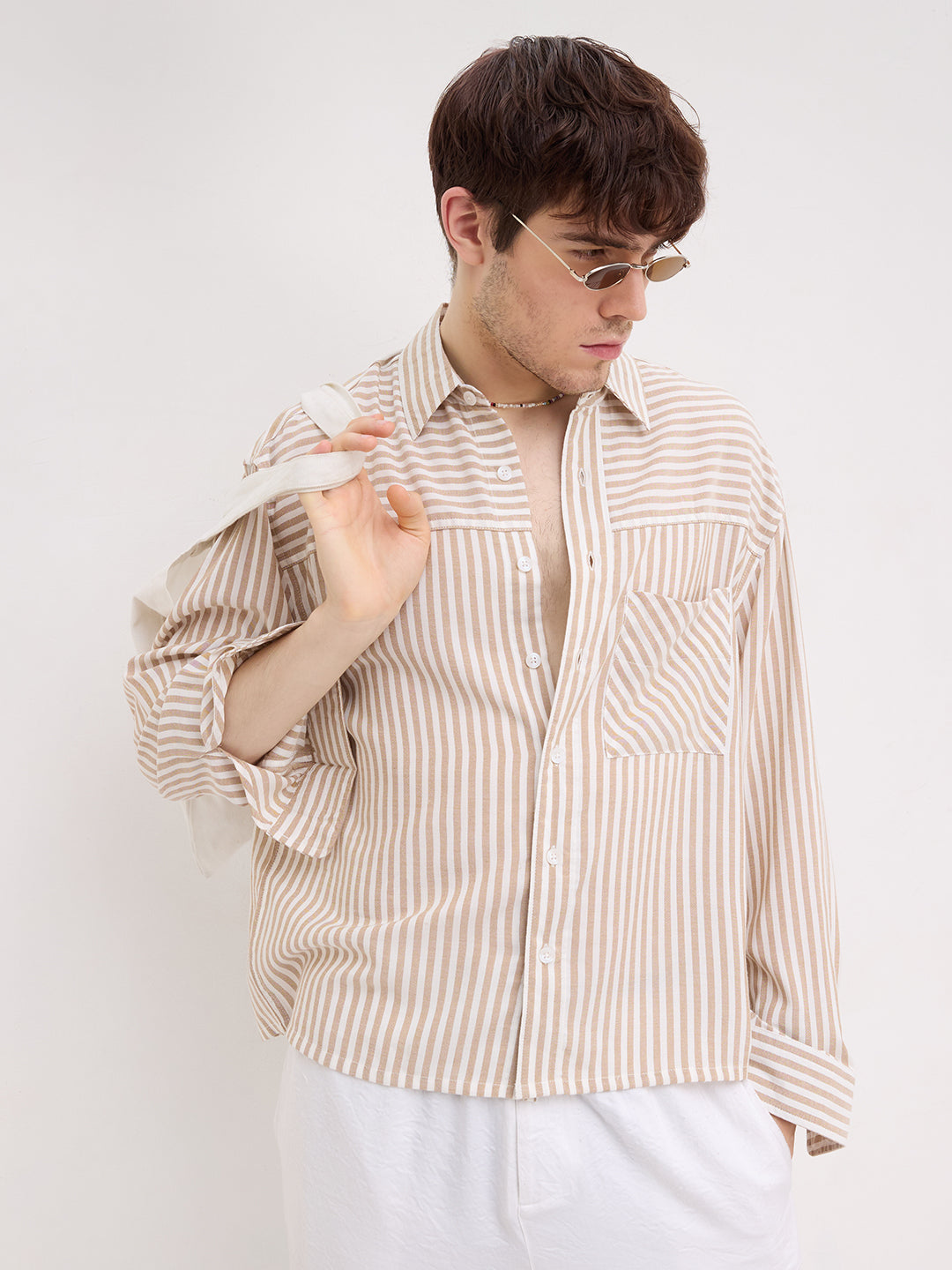 Timeless Khaki Striped Boxy Fit Crop Shirt
