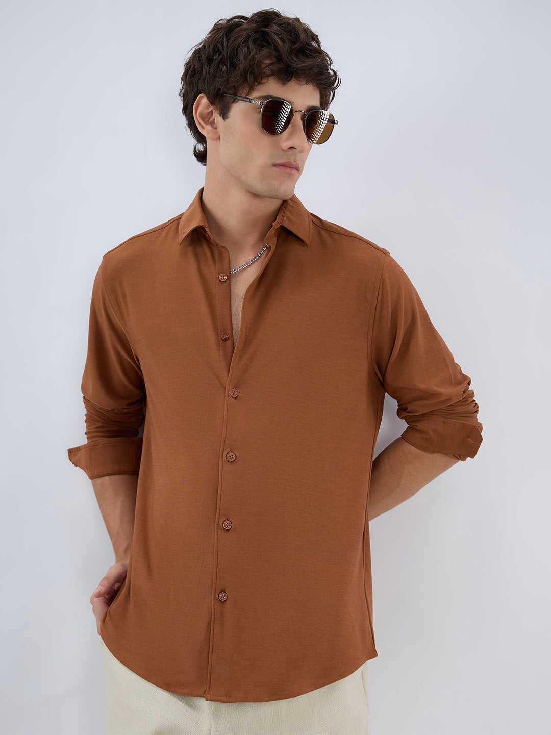 Classic Solid Sienna Brown Knitted Shirt