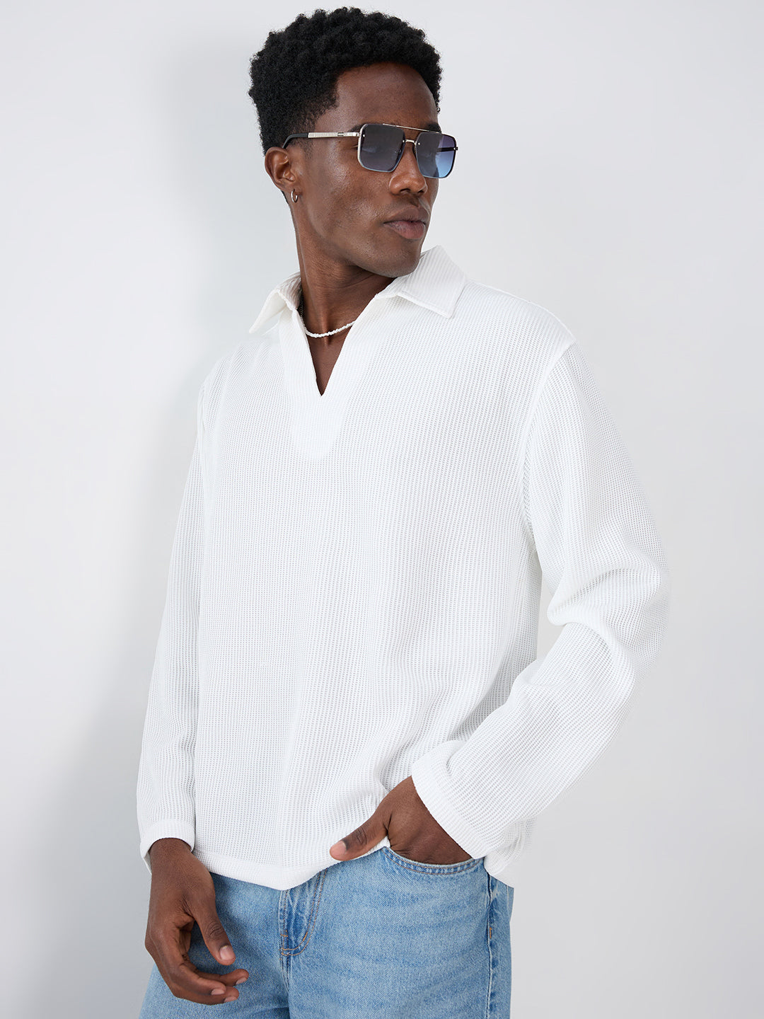 Snow White Refined Textured Knitted Oversized Polo Shirt