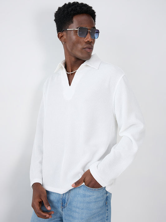 Snow White Refined Textured Knitted Oversized Polo Shirt