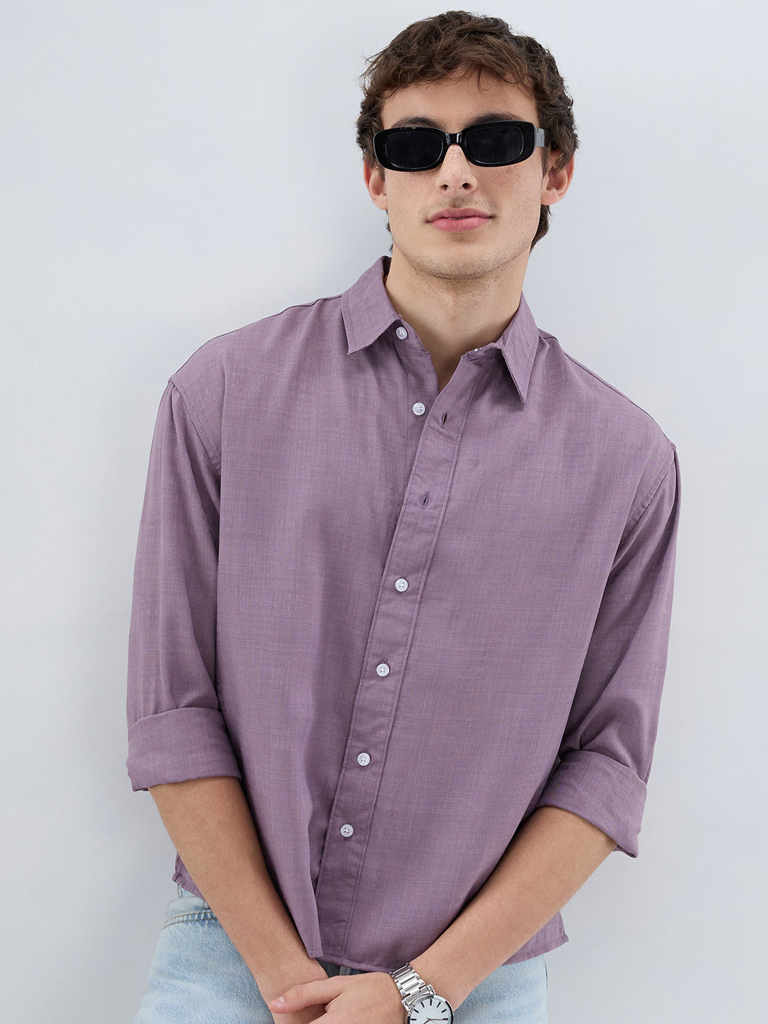 Heather Purple Soft Grid Textured Boxy Fit Crop Shirt