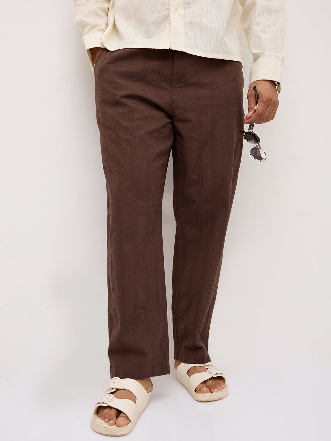 Coffee Brown Seersucker Striped Tapered Trousers