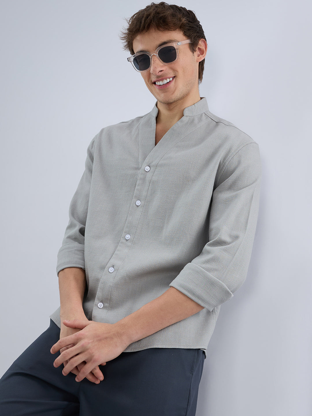 Plush Grey Diagonal Textured Stand Collar Oversized Shirt