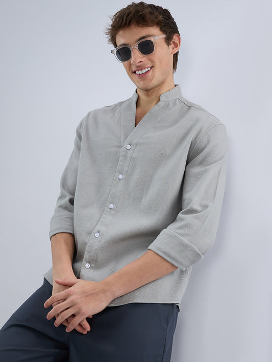 Plush Grey Diagonal Textured Stand Collar Oversized Shirt