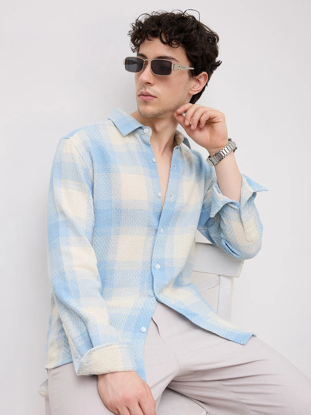 Blue Interlock Weave Plaid Checks Shirt