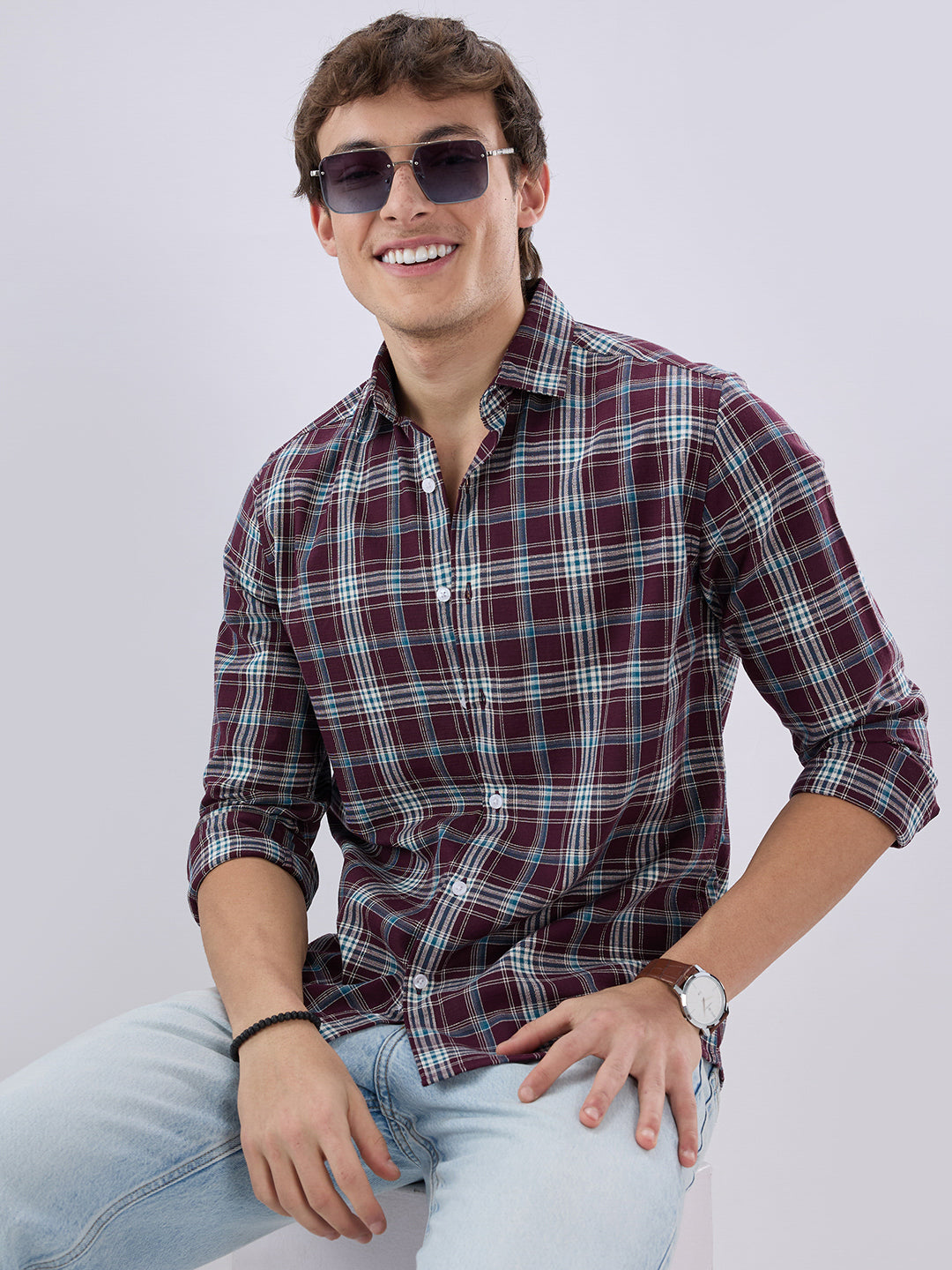 Maroon & Blue Tartan Checked Shirt