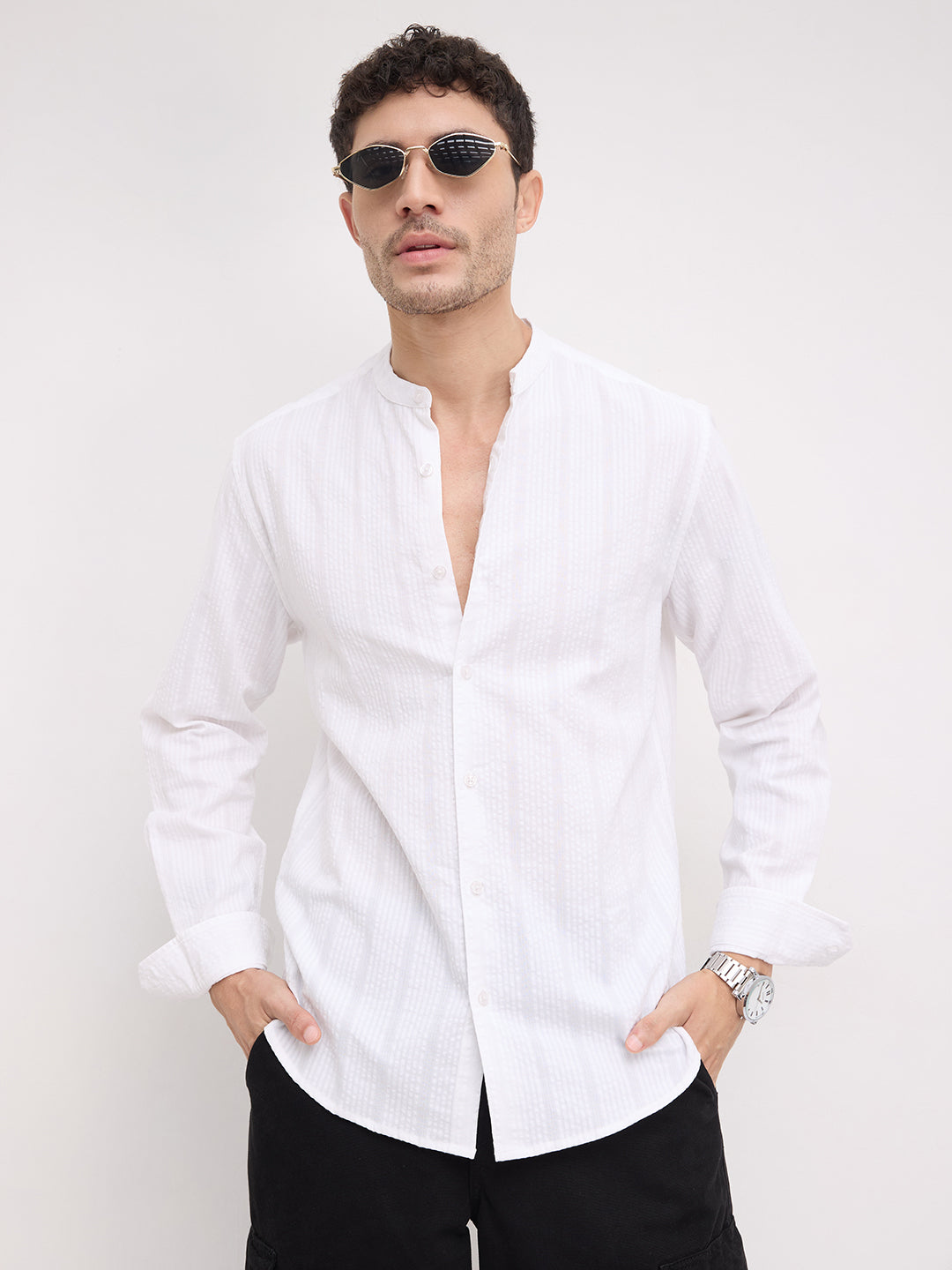 Timeless White Seersucker Mandarin Shirt