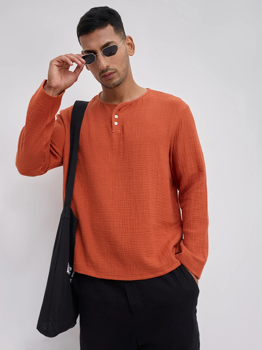 Soft Rust Double Cloth Henley Neck Oversized Shirt