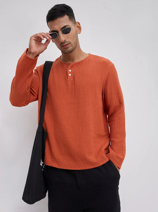 Soft Rust Double Cloth Henley Neck Oversized Shirt