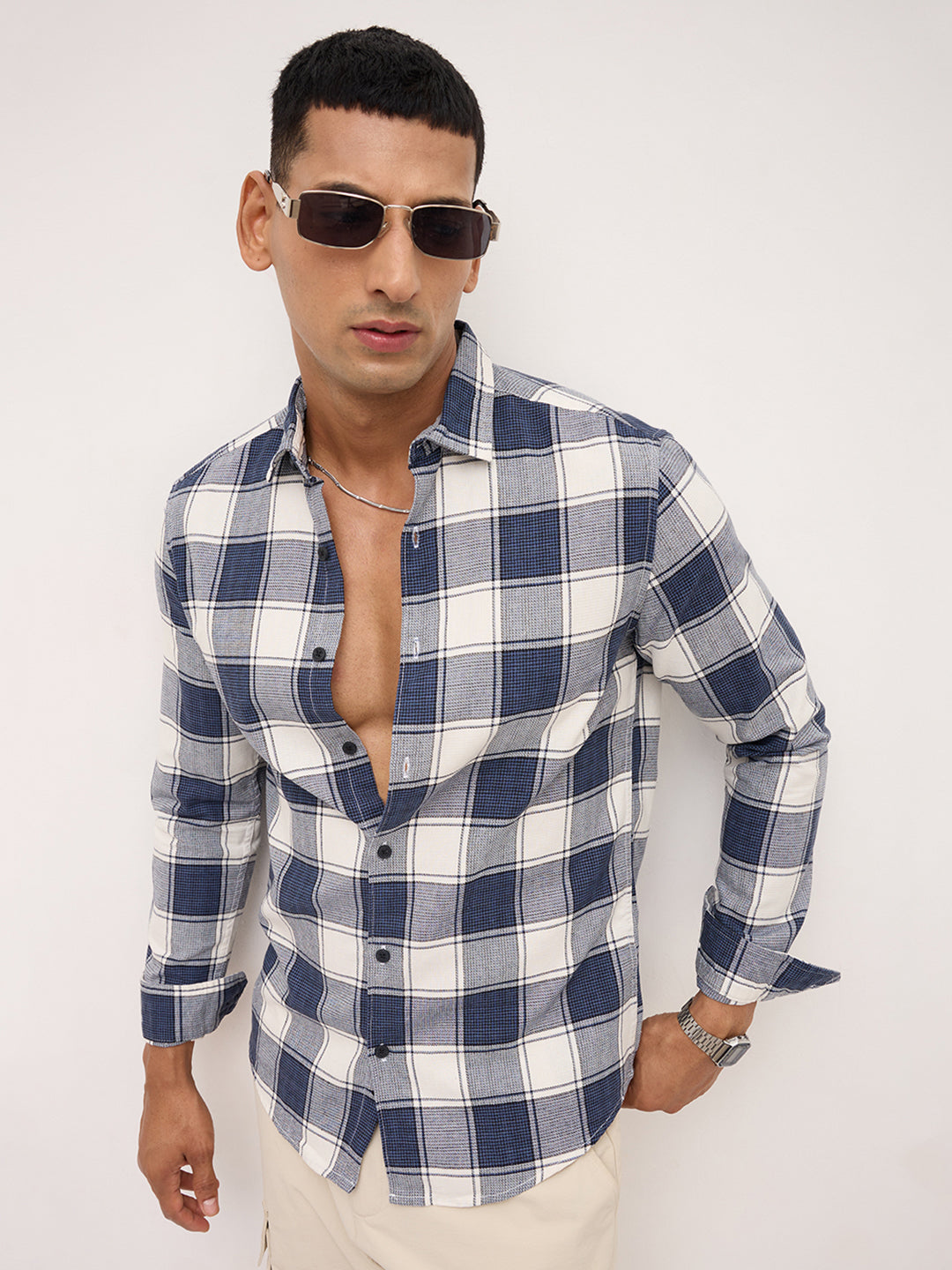 Navy & White Bold Frame Checks Shirt