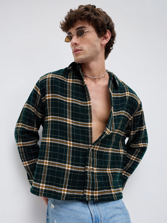 Forest Green Tartan Checked Boxy Fit Crop Flannel Shirt