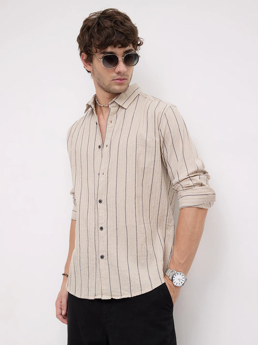 Intricate Beige & Navy Raised Striped Shirt