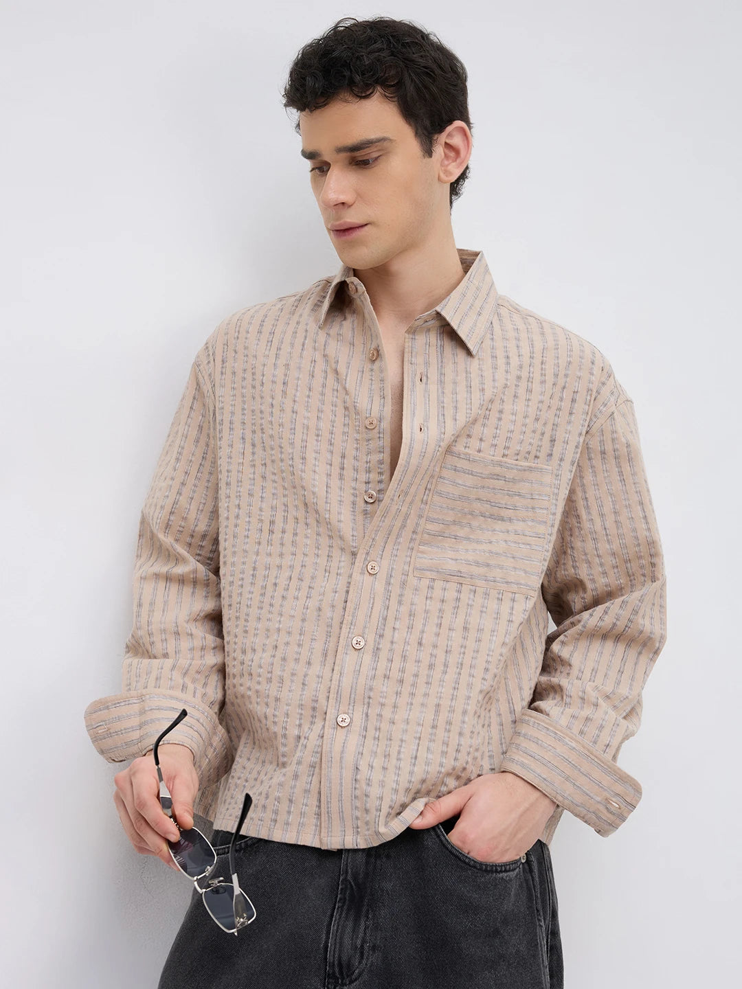 Taupe Beige Fine Striped Boxy Fit Crop Shirt