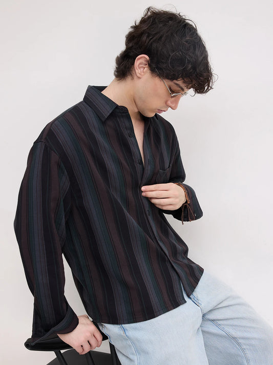 Luxe Coffee Brown Multi-Striped Boxy Fit Crop Shirt