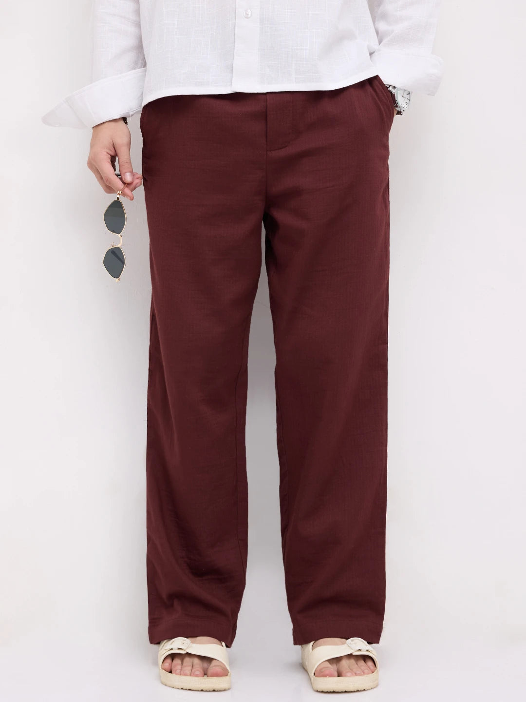 Maroon Herringbone Textured Straight Fit Trousers