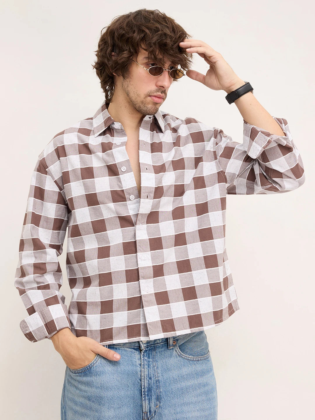 Chocolate Brown & White Ghingham Checks Boxy Fit Crop Shirt