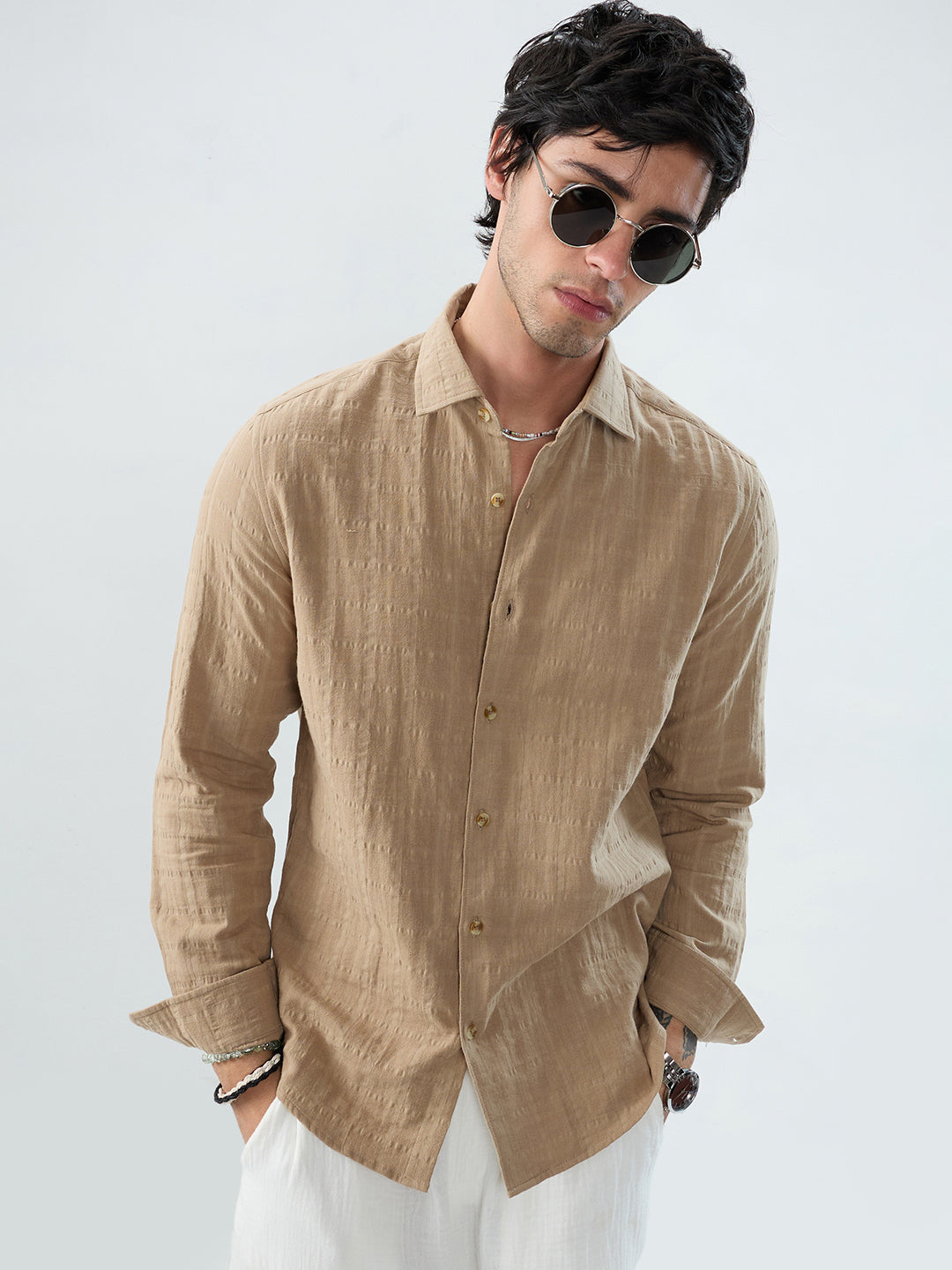 Tan Beige Double Cloth Box Checks Shirt