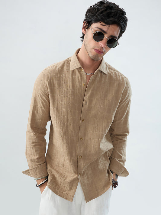 Tan Beige Double Cloth Box Checks Shirt