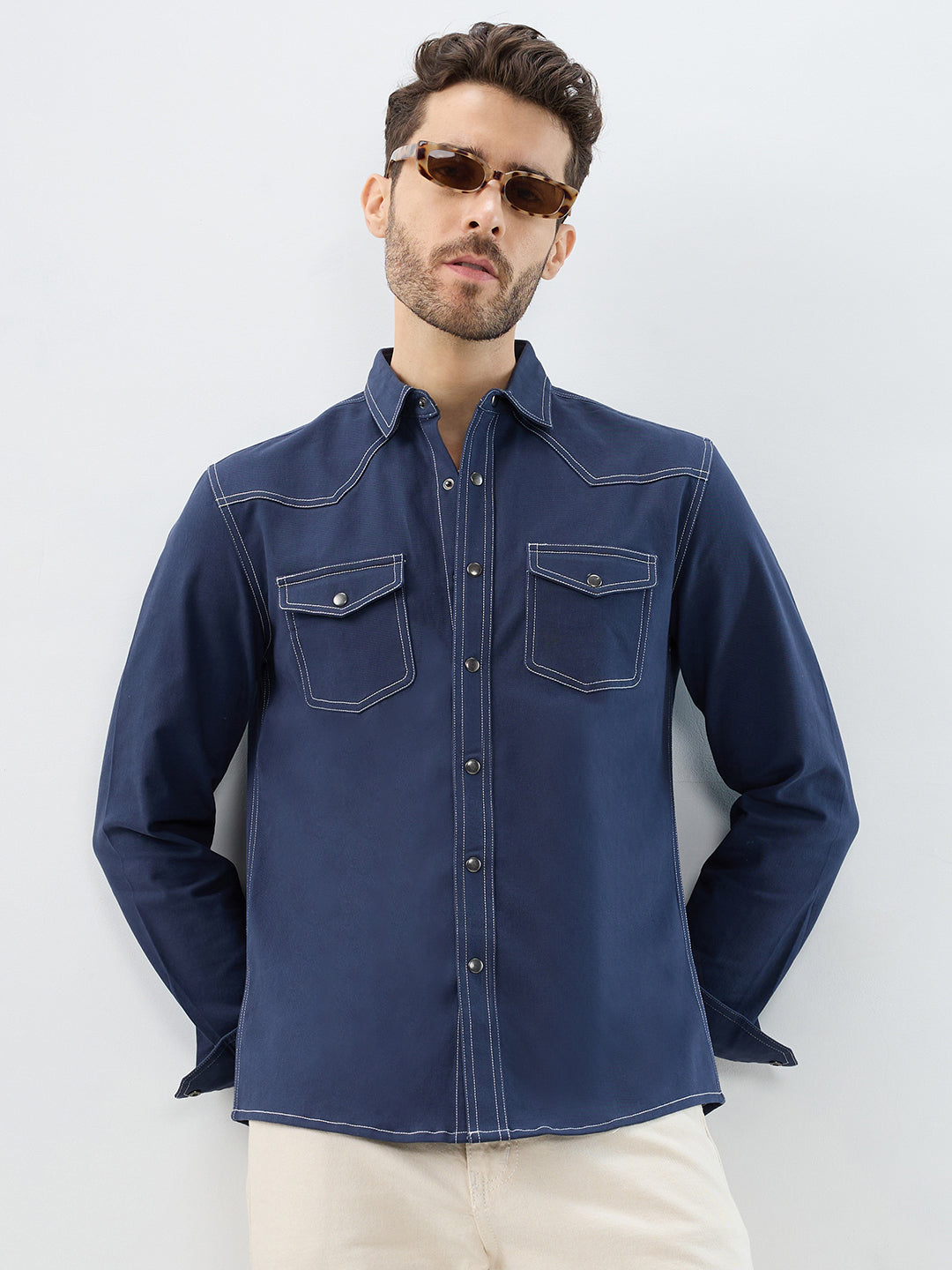 Spruce Blue Contrast Stitch Double Pocket Overshirt