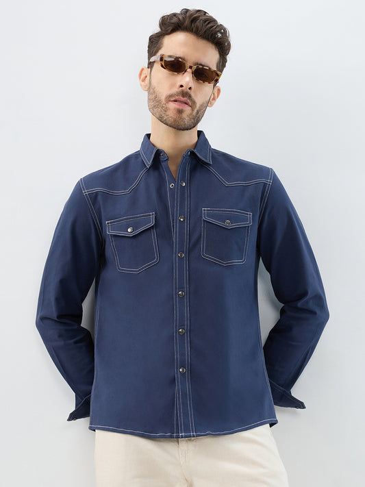 Spruce Blue Contrast Stitch Double Pocket Overshirt