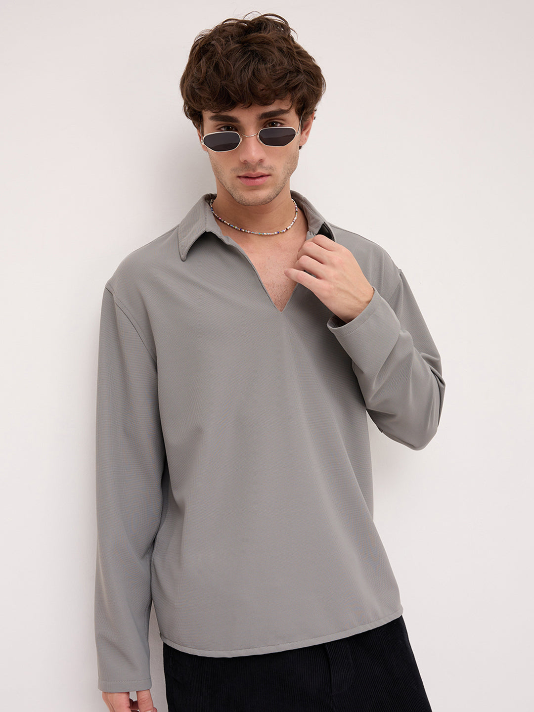 Spanish Grey Oversized Polo Tencel Knit Shirt