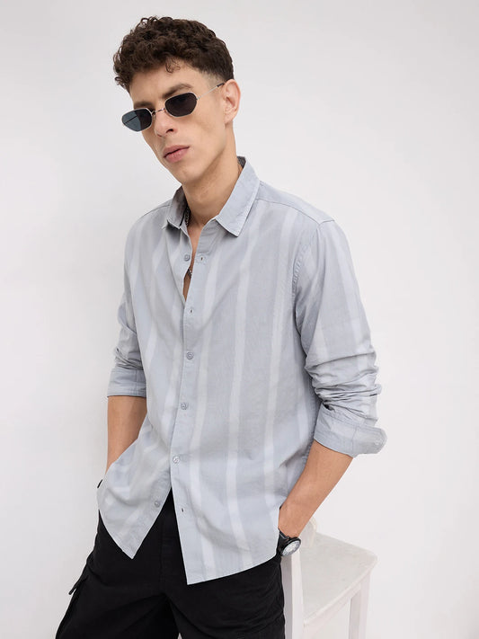 Bluish Grey Textured Striped Weave Shirt