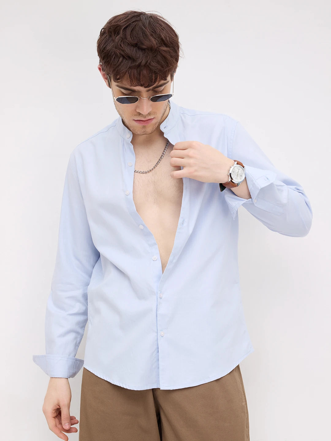 Pastel Blue Herringbone Textured Mandarin Shirt
