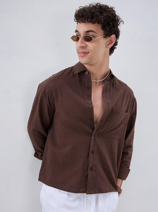Chocolate Brown Micro Box Textured Boxy Fit Crop Shirt
