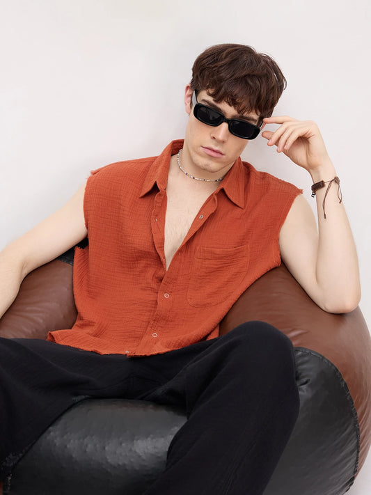 Trendy Fiery Rust Sleeveless Cropped Shirt
