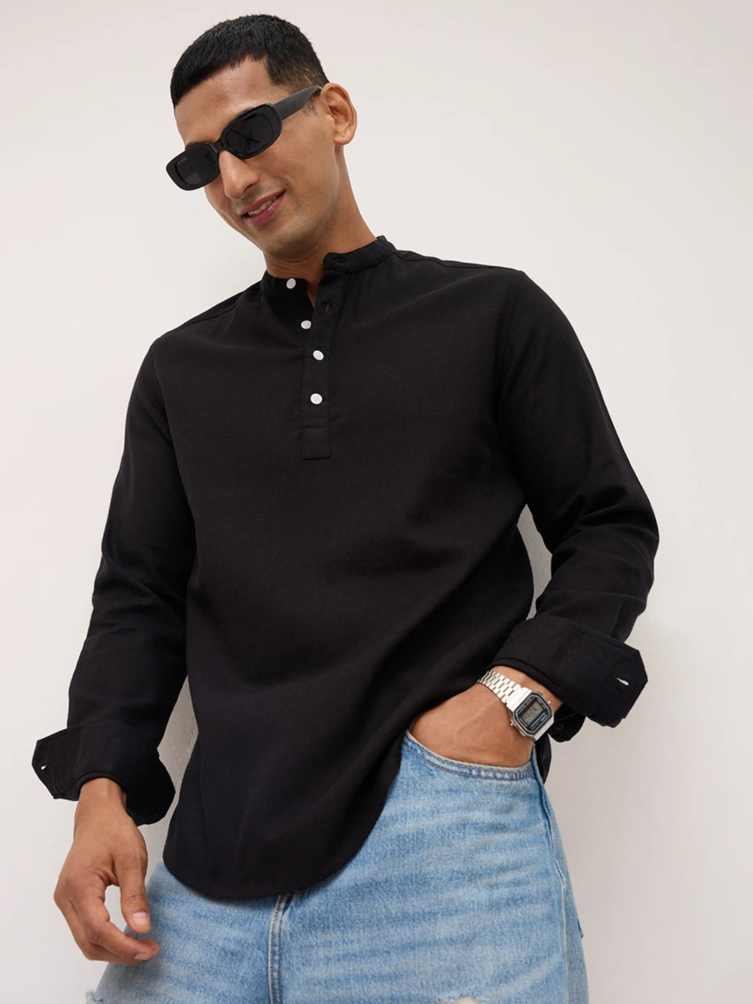 Onyx Black Fine Diamond Weave Kurta