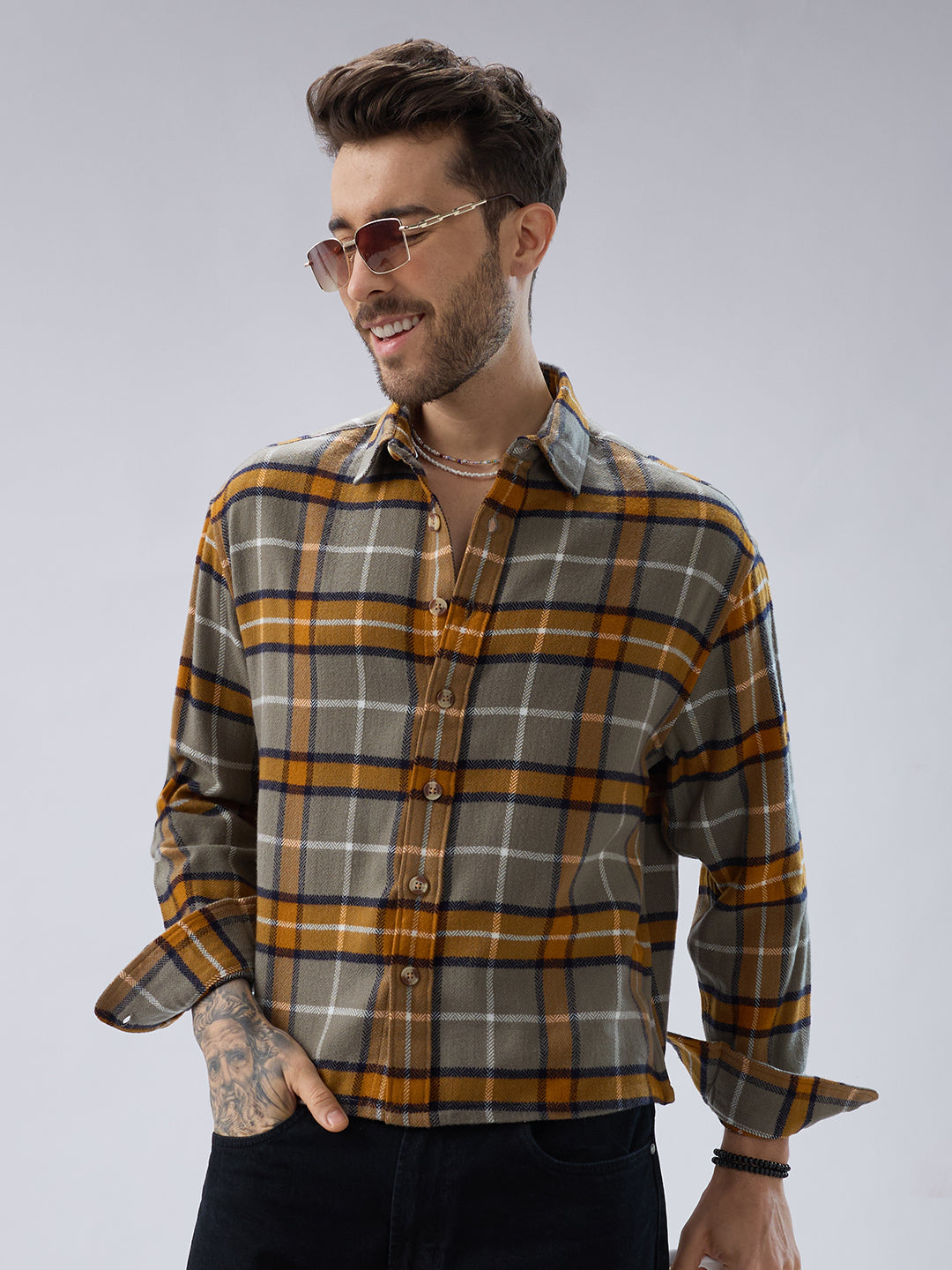 Golden Ochre Grey Checks Boxy Fit Cropped Flannel Shirt