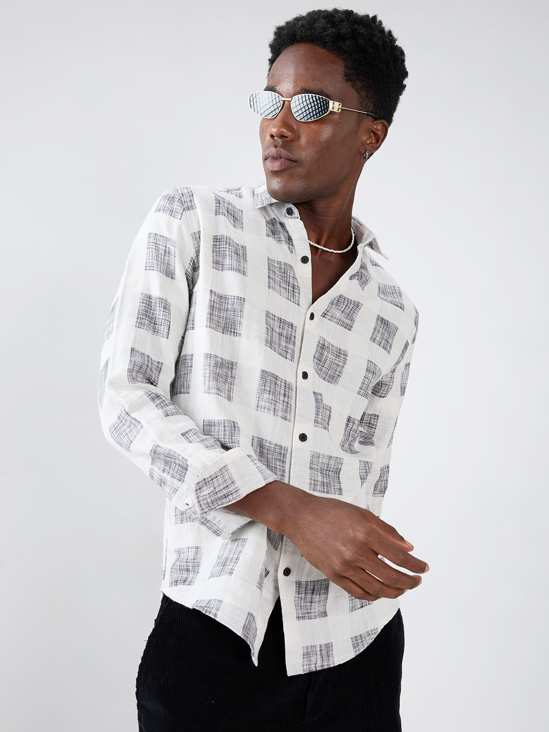 White & Black Geometric Printed Double Cloth Shirt