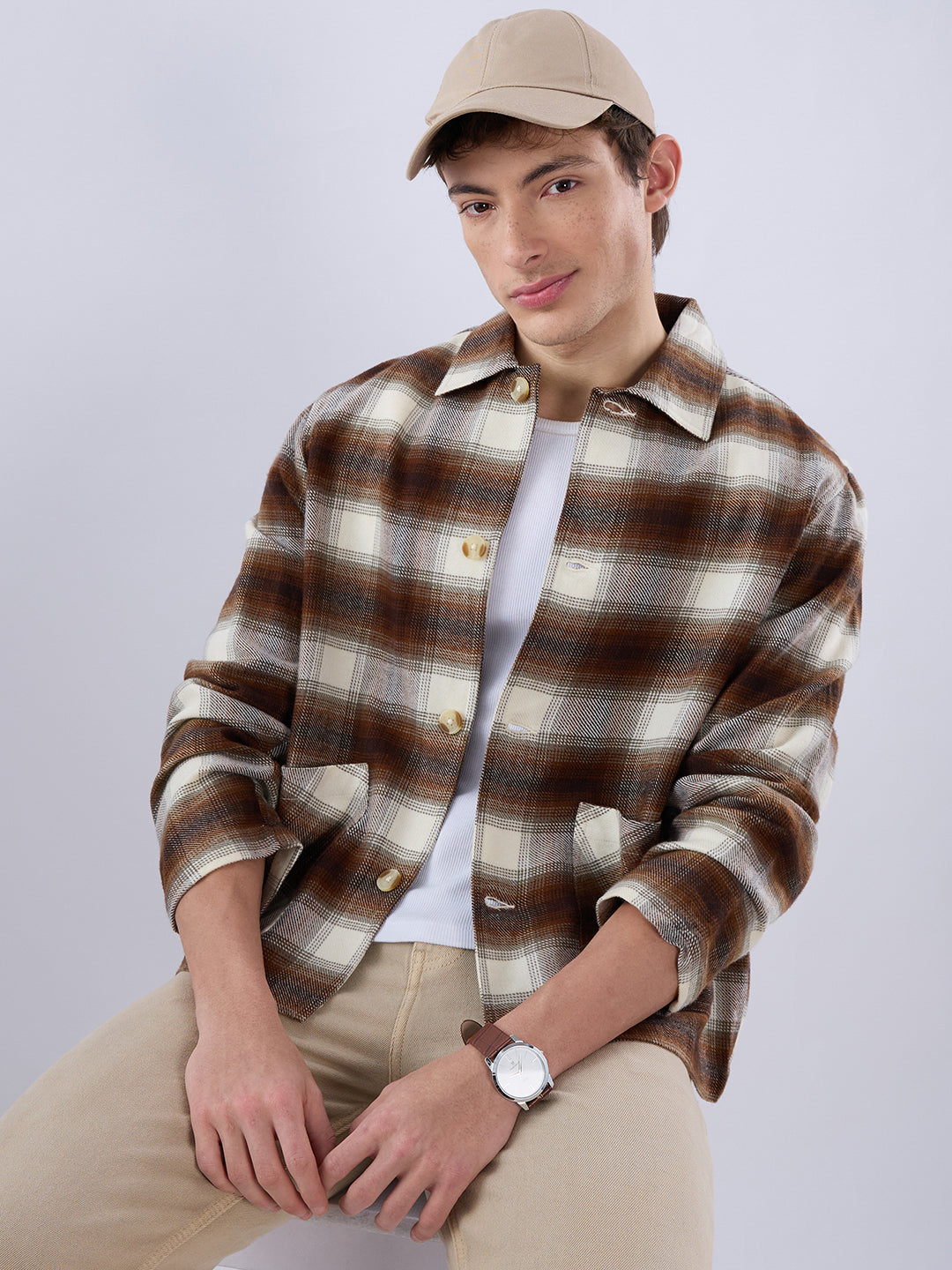 Brown & Beige Oversized Cropped Shacket