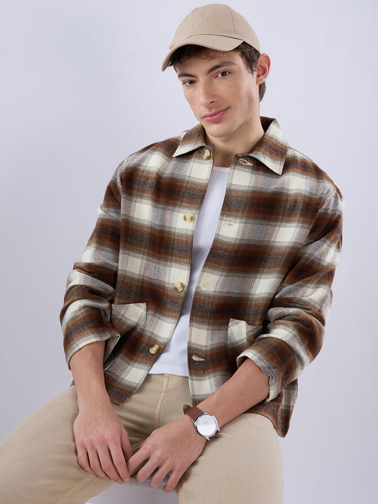 Brown & Beige Oversized Cropped Shacket