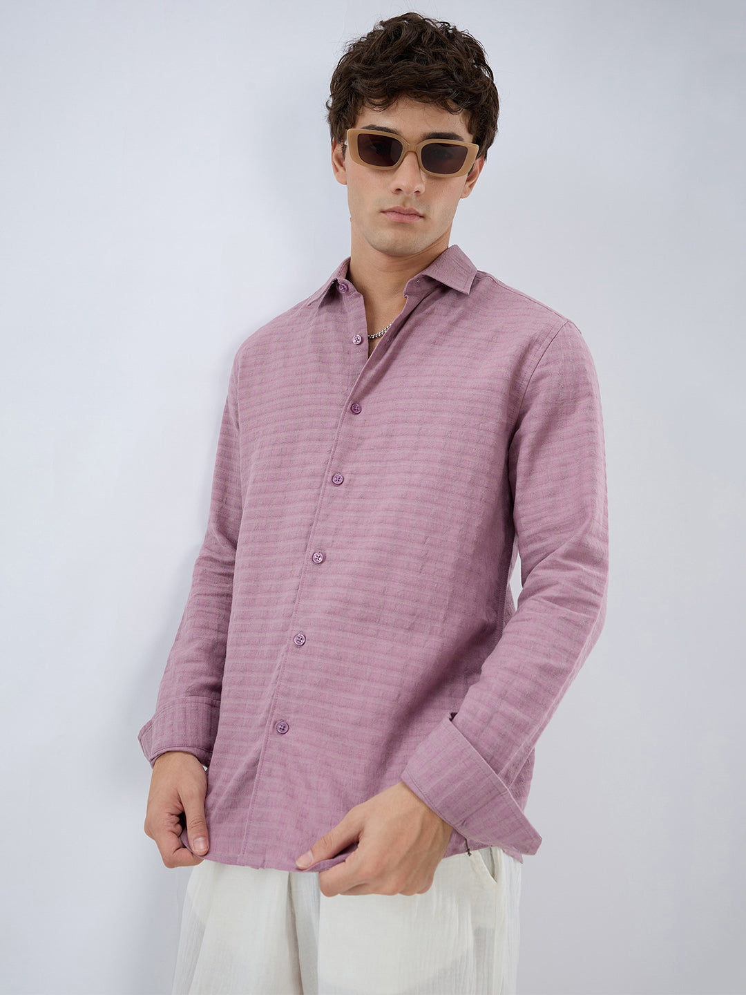 Dusty Rose Horizontal Textured Striped Shirt