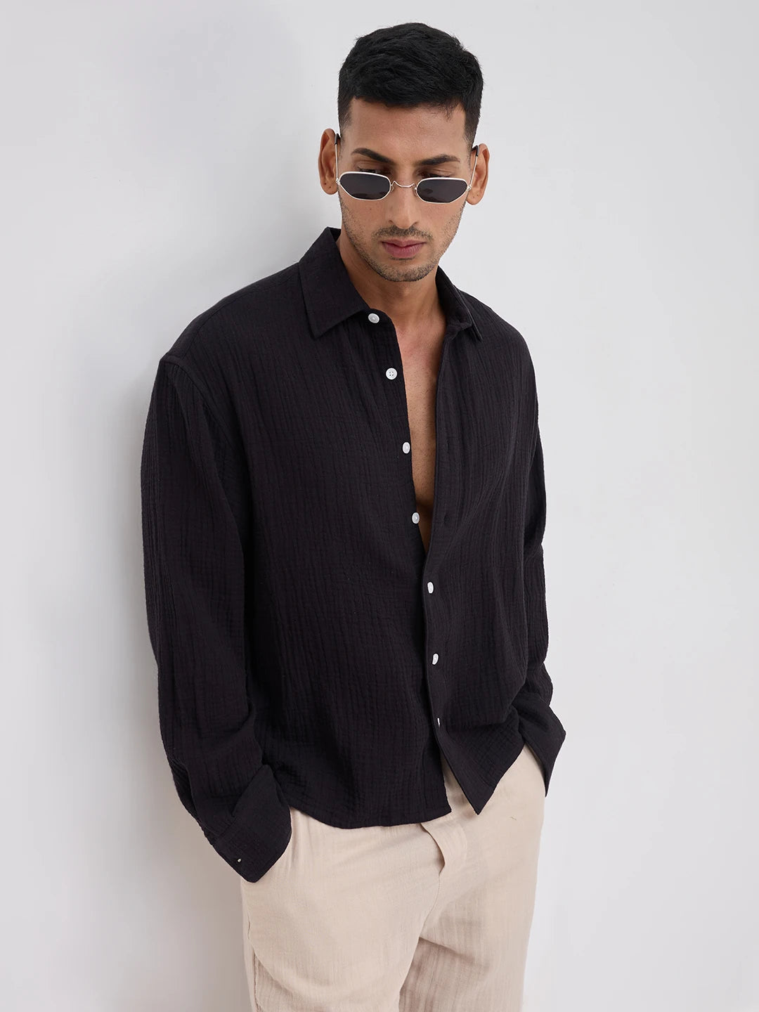 Charming Black Double Cloth Boxy Fit Crop Shirt