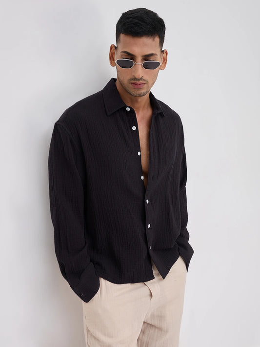 Charming Black Double Cloth Boxy Fit Crop Shirt