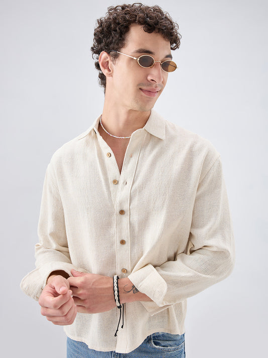 Raw Linen Blend Micro Weave Lozenge Textured Boxy Fit Crop Shirt