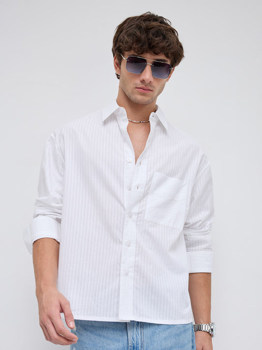 White Mist Sheer Stripe Boxy Crop Shirt