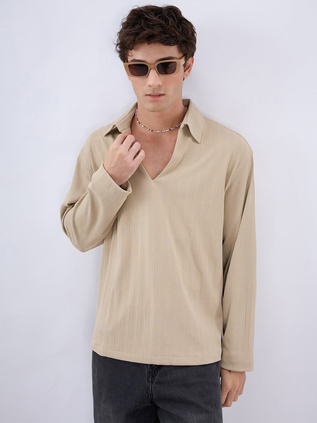 Sand Dune Ribbed Textured Polo Oversized Knitted Shirt
