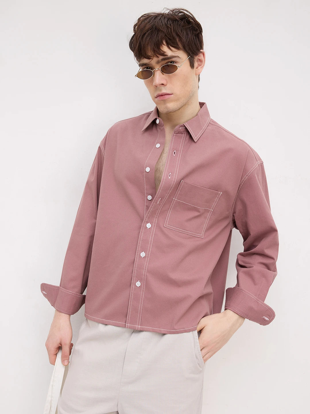 Serene Rouge Pink Contrast Stitch Boxy Fit Crop Cord Shirt