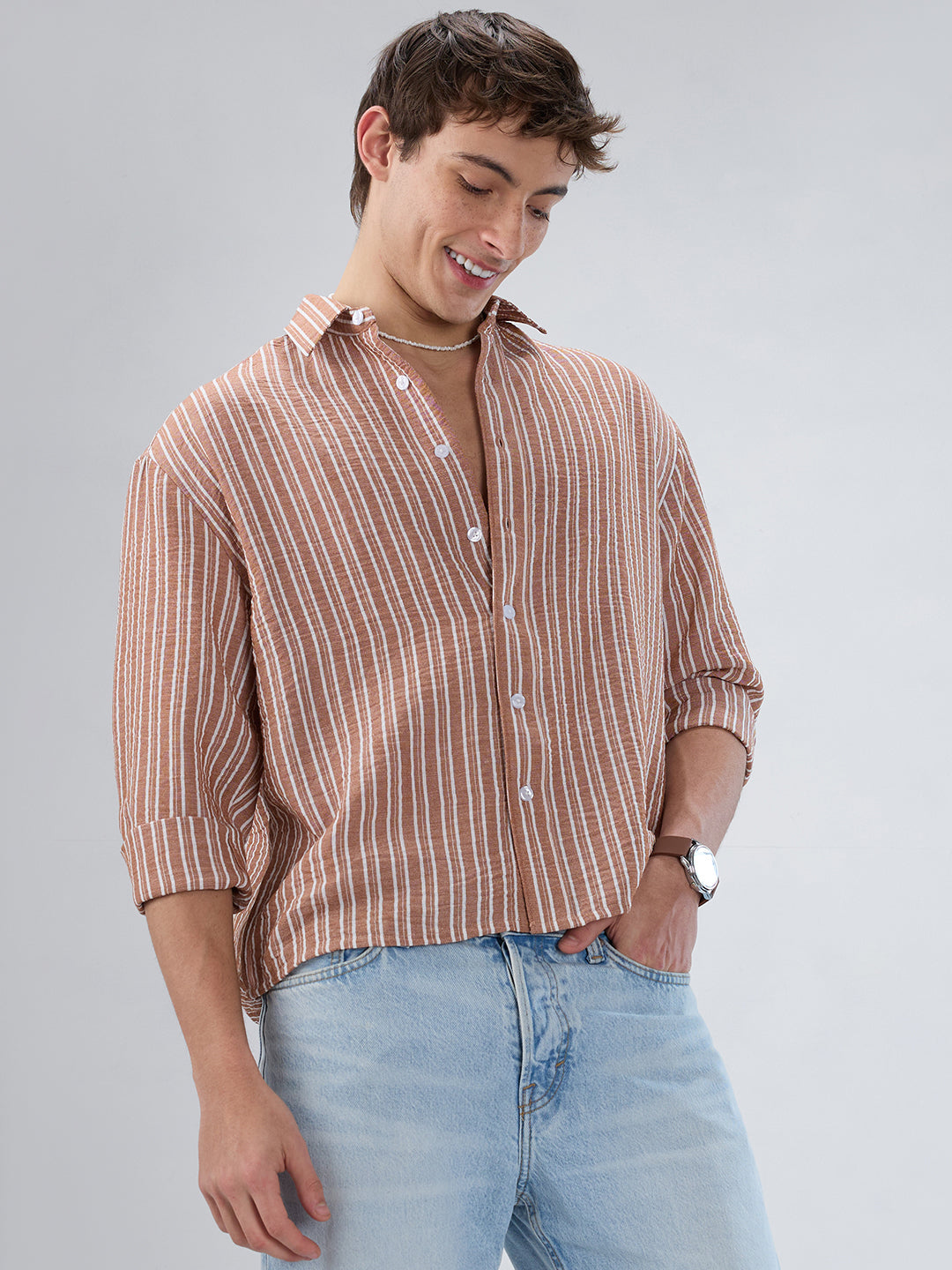 Russet Brown Striped Crinkled Boxy-Fit Crop Shirt