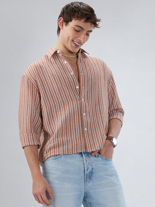 Russet Brown Striped Crinkled Boxy-Fit Crop Shirt