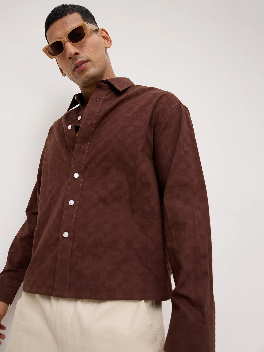 Coffee Brown Square Weave Boxy Fit Crop Shirt